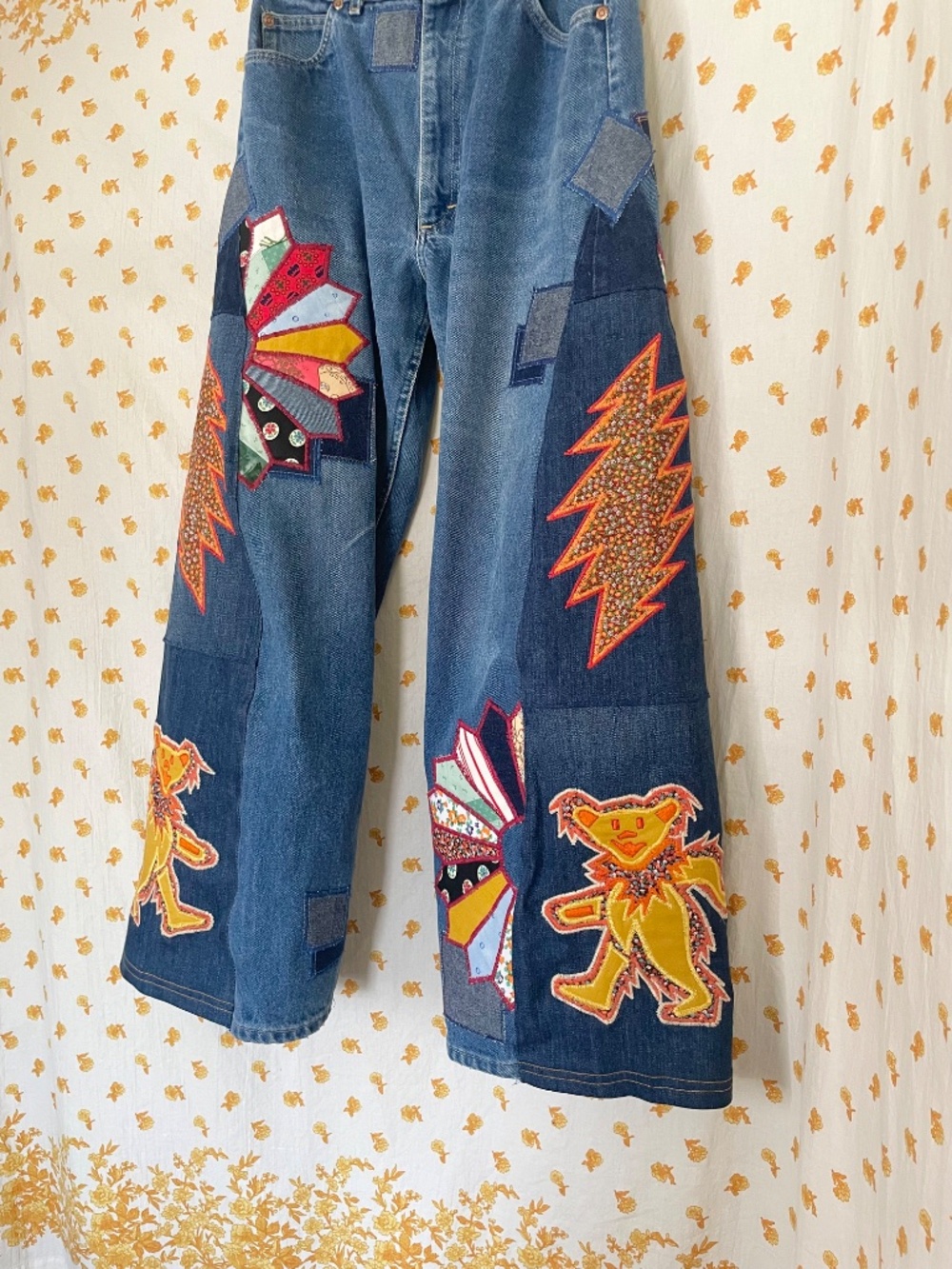 Vintage Lee Upcycled Patchwork Jeans 12P OOAK 70s Hippie Wide Leg - Picture 3 of 12
